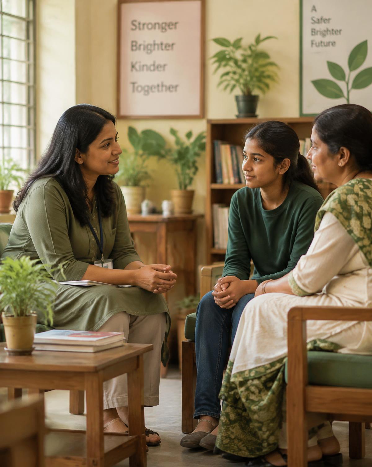A counselor talking with a teenager and her mother in a welcoming community space