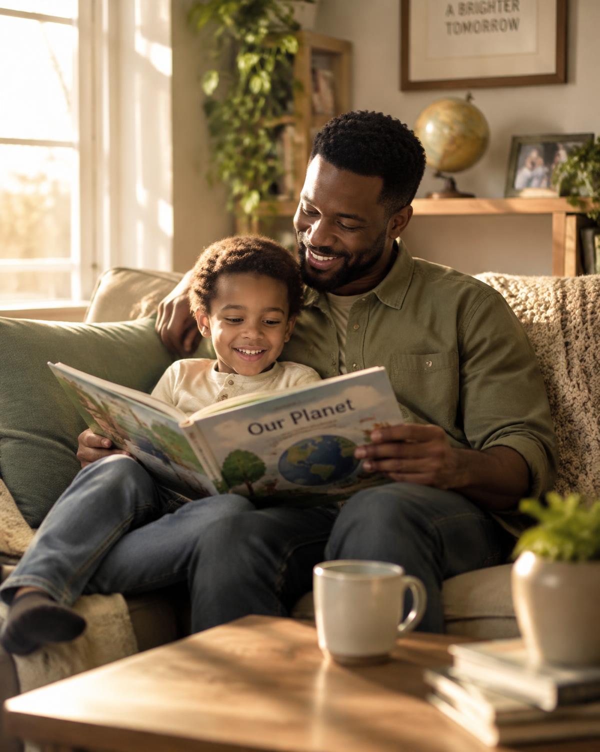 A father and son reading a book together on a cozy sofa