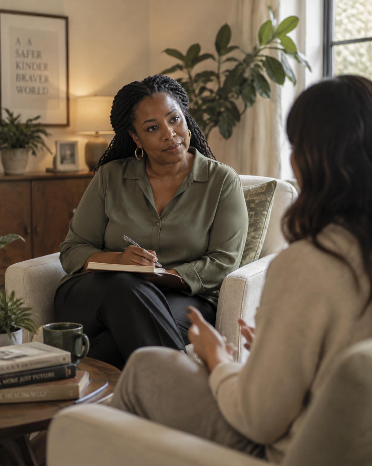 A counselor listening attentively to a client in a calm, sunlit room